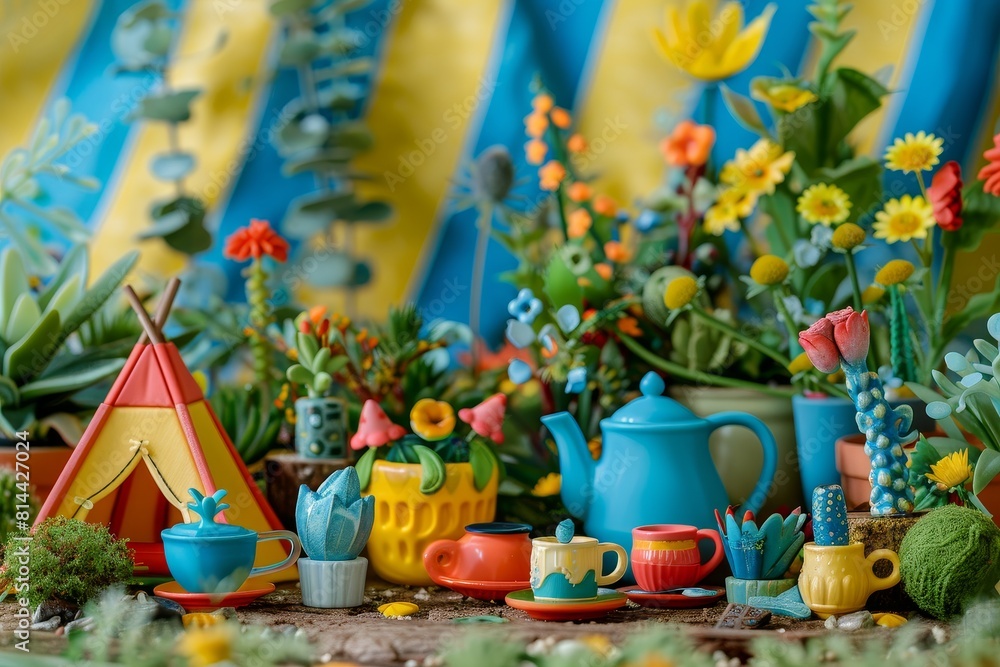 Fototapeta premium A colorful cup with a flower in it sits on a grassy field