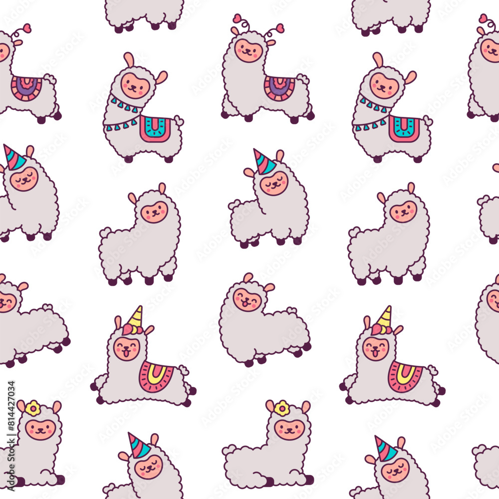 Fototapeta premium Cute kawaii little llama. Seamless pattern. Cartoon funny alpaca, animals character. Hand drawn style. Vector drawing. Design ornaments.