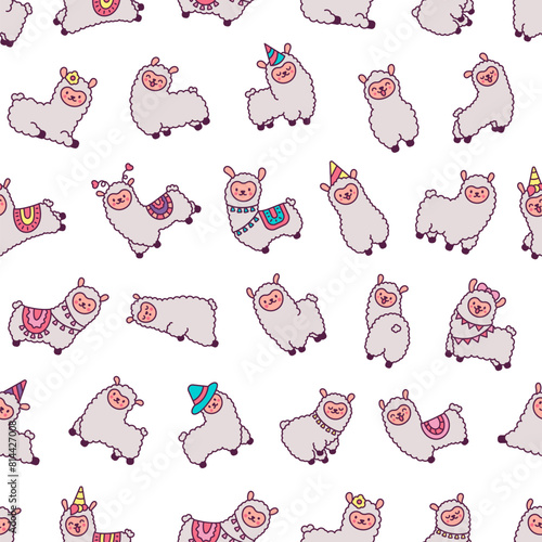Cute kawaii little llama. Seamless pattern. Cartoon funny alpaca, animals character. Hand drawn style. Vector drawing. Design ornaments.