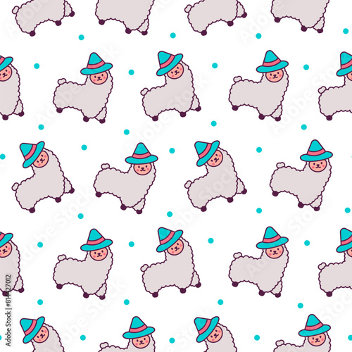 Cute kawaii little llama. Seamless pattern. Cartoon funny alpaca, animals character. Hand drawn style. Vector drawing. Design ornaments.