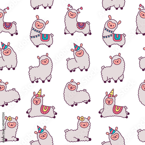 Cute kawaii little llama. Seamless pattern. Cartoon funny alpaca, animals character. Hand drawn style. Vector drawing. Design ornaments.