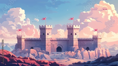 Warrior clan flat design side view fortress theme animation Colored pastel,