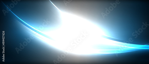 An electric blue and white wave in the darkness of space, resembling a meteorological phenomenon, set against a dark blue sky with a hint of lens flare