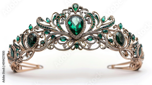 white gold tiara with green emeralds isolated on the white background