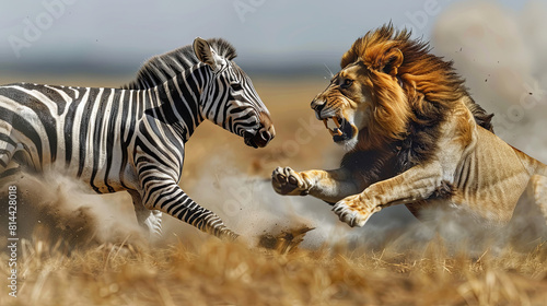 Zebra is fighting  with lion in the savanna