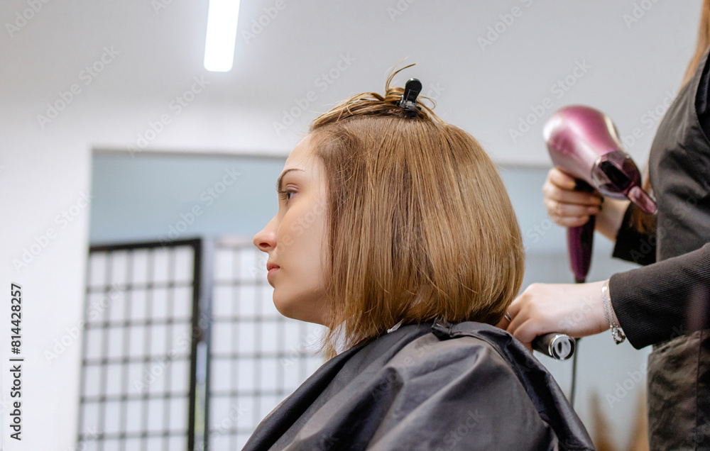 Fototapeta premium Woman professional hairdresser doing hair styling to client in beauty salon, stylist doing hair care procedures, drying hair with hairdryer to client