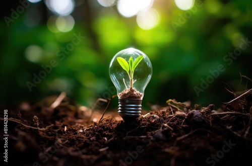 A light bulb with the tree inside is placed on soil, symbolizing environmental protection and energy conservation. It has a green background with natural sunlight.