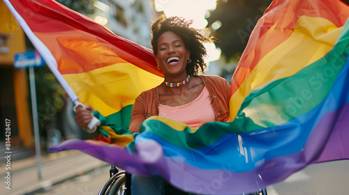 equality smiling celebrating lgbtq woman black pride with american flag african fashion female disabled aid differences race lesbian rainbow wheelchair happy candid disability in mobility mixed