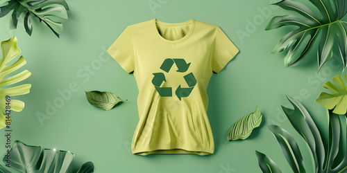  Recycling symbol on t shirt and green leaves on green background with Recycle eco friendly and person with T shirt for environmental awareness and sustainability concept, Eco-Friendly Fashion