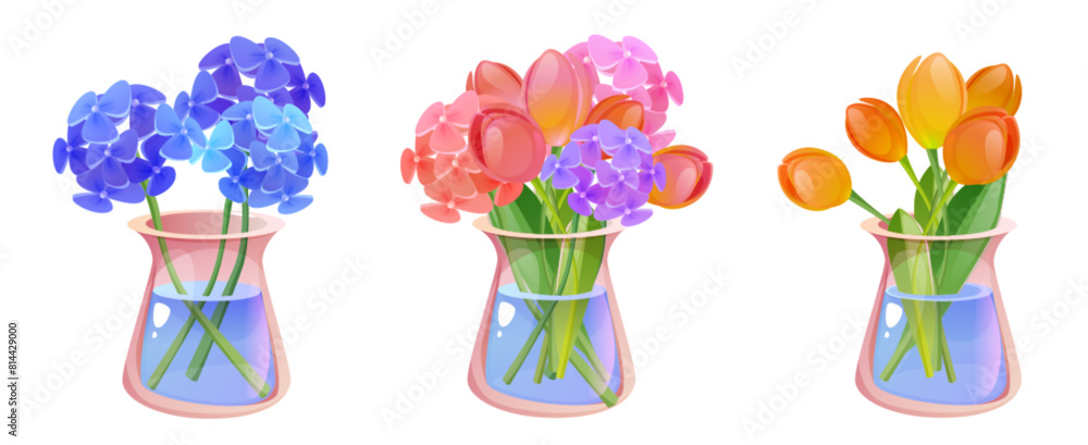 Flower bunches in glass vases set isolated on white background. Vector cartoon illustration of fresh cut floral bouquets in transparent jugs with water, holiday gift, romantic present, home decor Flower bunches in glass vases set isolated on white background. Vector cartoon illustration of fresh cut floral bouquets in transparent jugs with water, holiday gift, romantic present, home decor