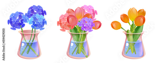 Flower bunches in glass vases set isolated on white background. Vector cartoon illustration of fresh cut floral bouquets in transparent jugs with water, holiday gift, romantic present, home decor