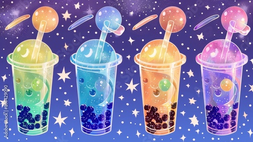 Vibrant illustration of cosmic-themed bubble tea with planets, ideal for creative drink menus and promotional materials.
