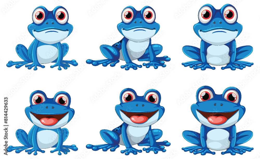 Fototapeta premium Six playful cartoon frogs showing different emotions