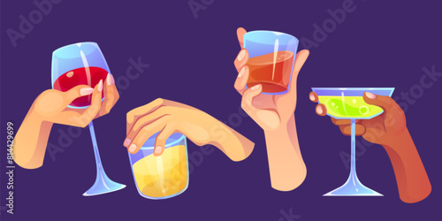 Hand hold glass with cocktail drink for party. Alcohol cup with beer, whisky, martini and wine to cheer in friend company icon isolated on background. Birthday celebration in group of people chin soda
