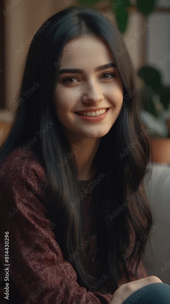 A beautiful girl in her 20s is sitting and looking at camera. she is smiling. Her clothes are fashionable and she has long black hair. generative AI A beautiful girl in her 20s is sitting and looking at camera. she is smiling. Her clothes are fashionable and she has long black hair. generative AI