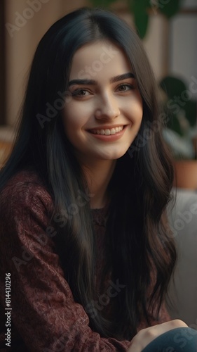 A beautiful girl in her 20s is sitting and looking at camera. she is smiling. Her clothes are fashionable and she has long black hair. generative AI