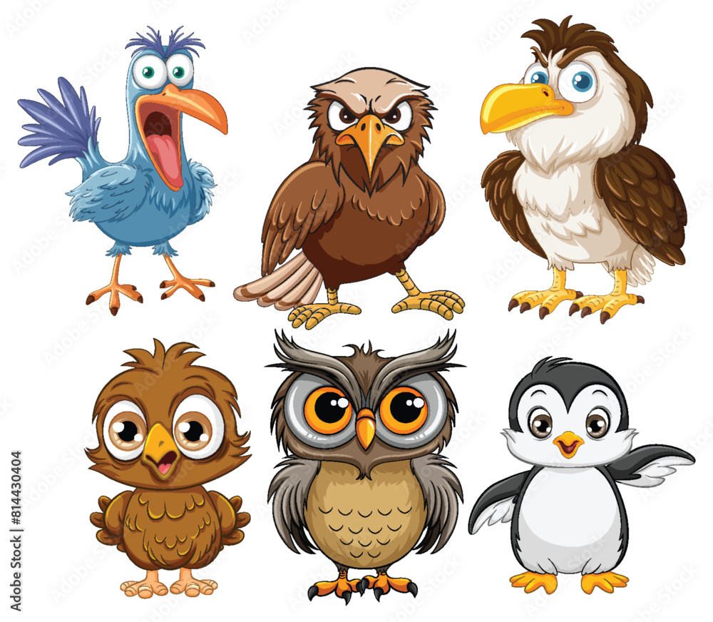 Fototapeta premium Five different cartoon birds showing various expressions