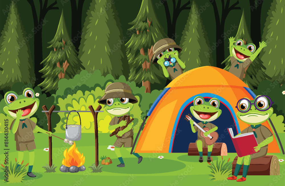 Naklejka premium Frogs enjoying camping activities in the forest