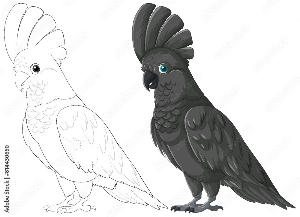 Detailed black cockatoo with outline version Detailed black cockatoo with outline version