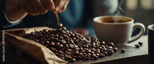 Hand pouring coffee beans from a papar bag inot a coffee pot photo
