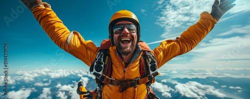 A happy man enjoys skydiving on a sunny day, his expression filled with exhilaration as he descends through the blue sky. The image is generated with the use of an AI.