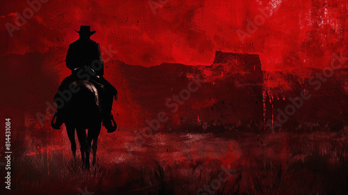 Silhouette of a Cowboy Riding a Horse Toward a Dark Blood Red Landscape
