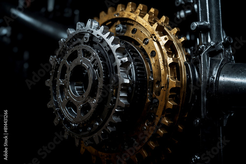 large gear with oil trickling down its teeth, set on a black background