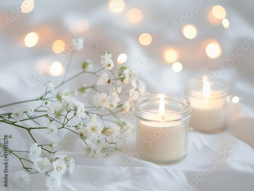 A clear glass jar of candles  sitting next to white flowers and surrounded by a soft light background. The overall aesthetic is clean and minimalistic  with soft lighting that highlights the details