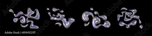 Abstract chrome liquid shapes with drops for y2k design. Realistic 3d silver metal decorative figures. Vector illustration set of glossy mercury or steel inflatable blob element. Bubble fluid forms.