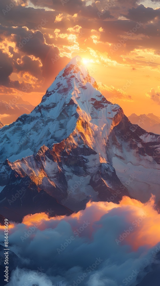Majestic Mountain Peak at Glowing Sunset with Clouds and Dramatic Lighting