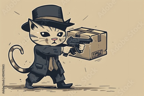 The cat is dressed in a dark suit, complete with a vest and tie, and a fedora hat that casts intriguing shadows on its face with holds a pistols, adding to its mysterious aura. photo