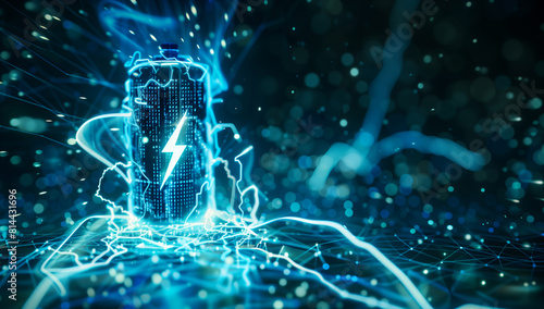 High-tech visualization of a battery encased in digital energy fields, symbolizing power and connectivity.