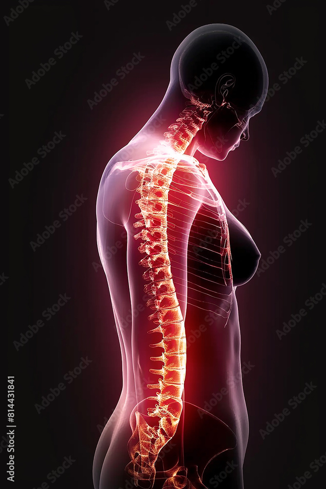 X-ray image of a human skeleton and spine, with the pain area highlighted in red. X-ray image of a human skeleton and spine, with the pain area highlighted in red.