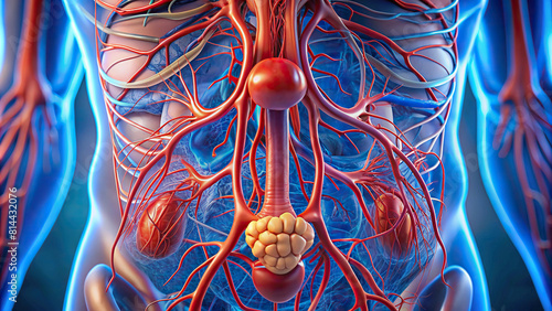 Closeup of a human bladder, showing its intricate network of blood vessels and ureters
