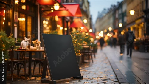 Empty blackboard sign mockup in front of a restaurant , Menu board with a street cafe or restaurant  photo