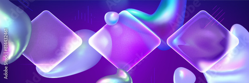 Purple background with glass morphism rhombus and abstract shape elements. Vector realistic illustration of presentation banner or poster backdrop with color lines, iridescent blobs, geometric figures