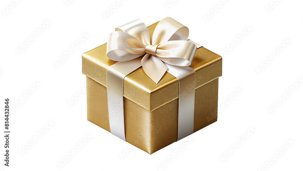 Obraz premium Golden Gift Box with White Bow - A classic golden gift box featuring a pristine white bow, providing a clean and sophisticated look on a transparent background. 