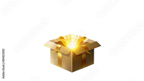 Open Golden Gift Box - An open golden gift box with light emanating from inside, suggesting a magical or valuable content, isolated on a transparent background.
