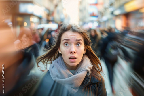 Young woman experiencing panic attack in crowded city street, surrounded by passersby. AI generative