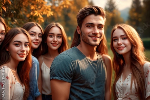 Handsome attractive young man surrounded by group of admiring young women