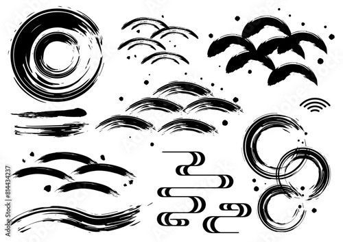夏に使える爽やかな和風筆素材セット　波模様　水飛沫　黒