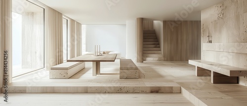 Functional minimalist dining space with a beige table  built-in benches  and clean  straight lines throughout 