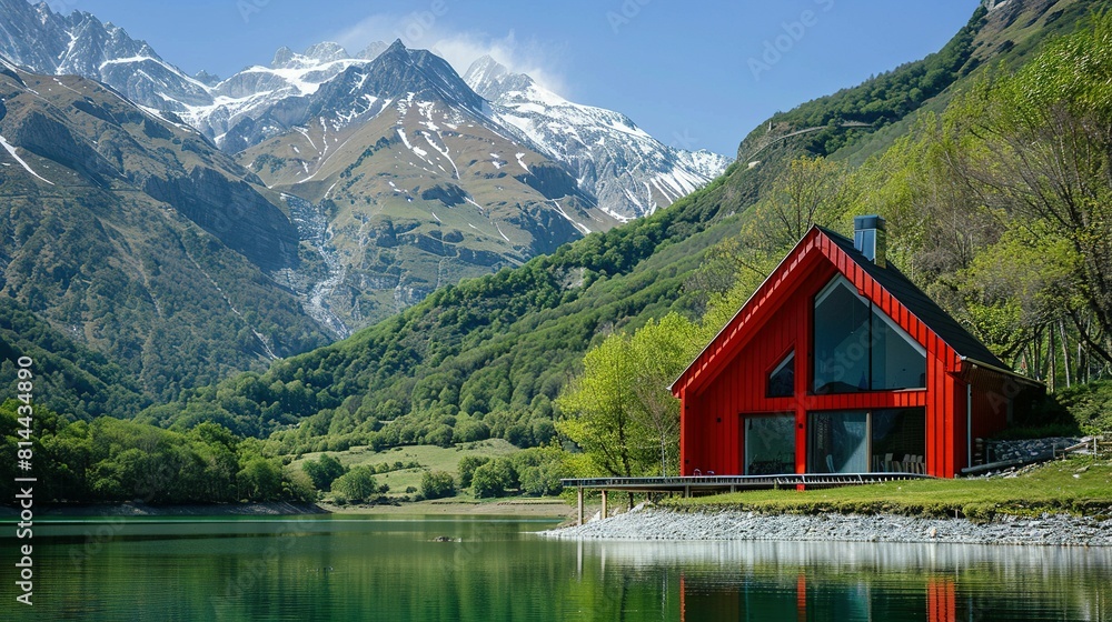 Fototapeta premium Típica Casa Roja del Norte de Europa en un Paisaje Montañoso Aislado