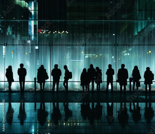 A silhouette of various people standing by at night in silhouette on a glass wall 