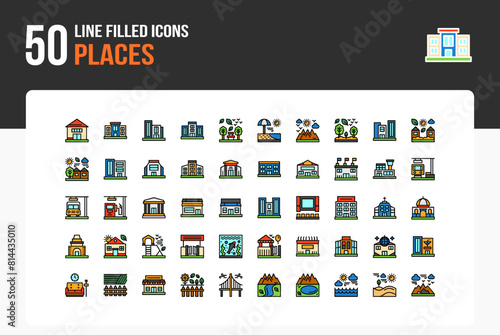 Set of 50 Places icons related to home, School, Office, Hospital Line Filled Icon collection