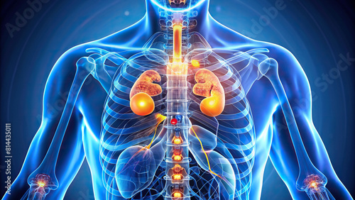 Detailed view of adrenal glands showcasing the release of cortisol and adrenaline during stressful situations. The image conveys the glands' pivotal role in the body's fight-or-flight response. photo