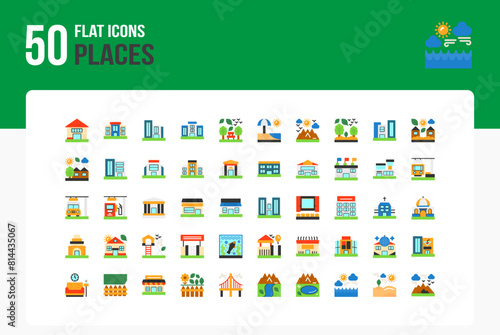 Set of 50 Places icons related to home, School, Office, Hospital Flat Icon collection