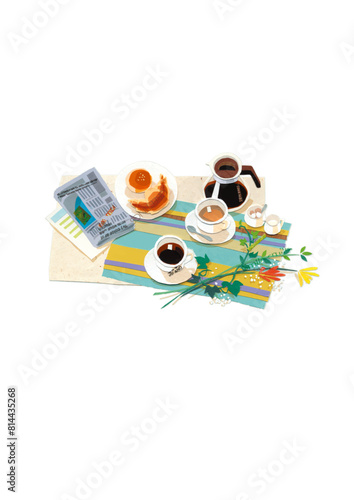 コーヒーとパンの朝食　新聞と花のある明るい食卓