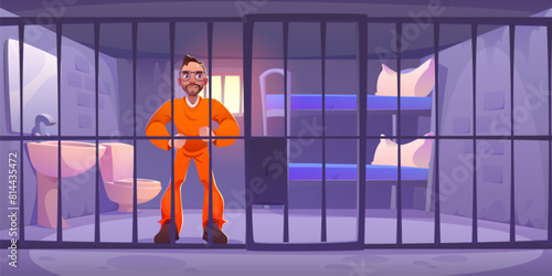 Male prisoner in orange uniform standing behind bars in prison. Cartoon vector illustration of jail interior with man criminal character arrested. guilty person in jail house of police department.