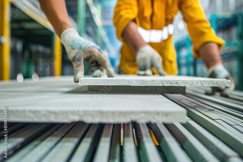 Workers assemble drywall panels on factory line, production process in factory. photo